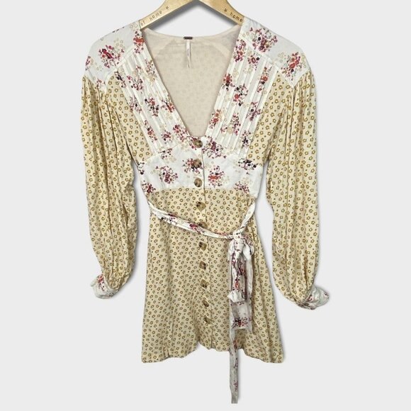 Free People Wonderland Mini Dress Button Down Tie Waist Floral Size XS Bohemian - Picture 6 of 16